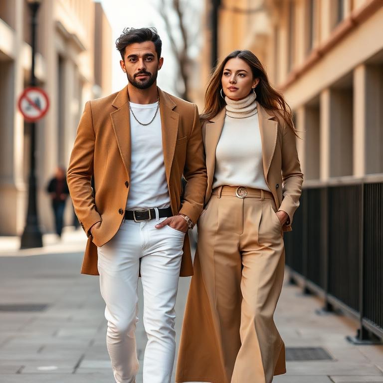 Camel blazer and neutral tailoring couple look