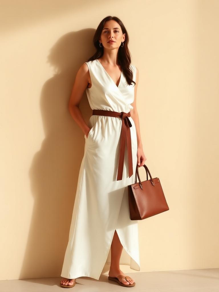 White satin wrap maxi dress with leather belt