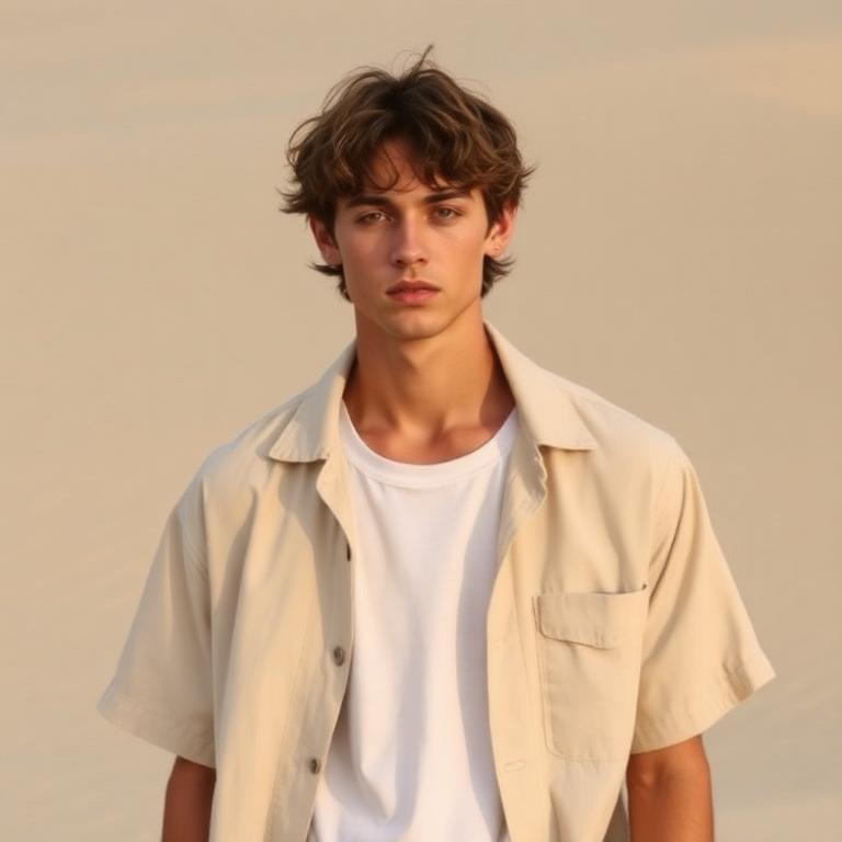 Cream camp shirt over white tee menswear